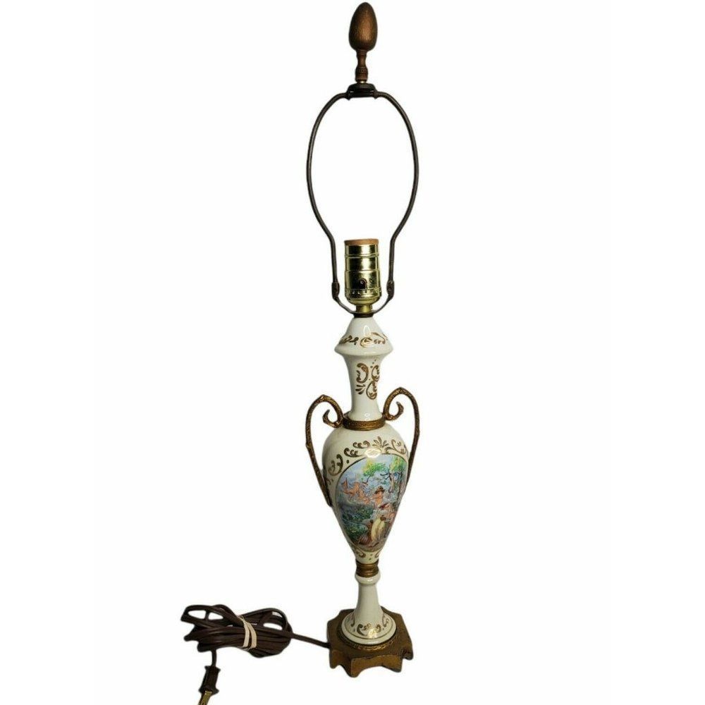Vintage Porcelain Urn Lamp with Handles Woman with Cherubs Hand Painted